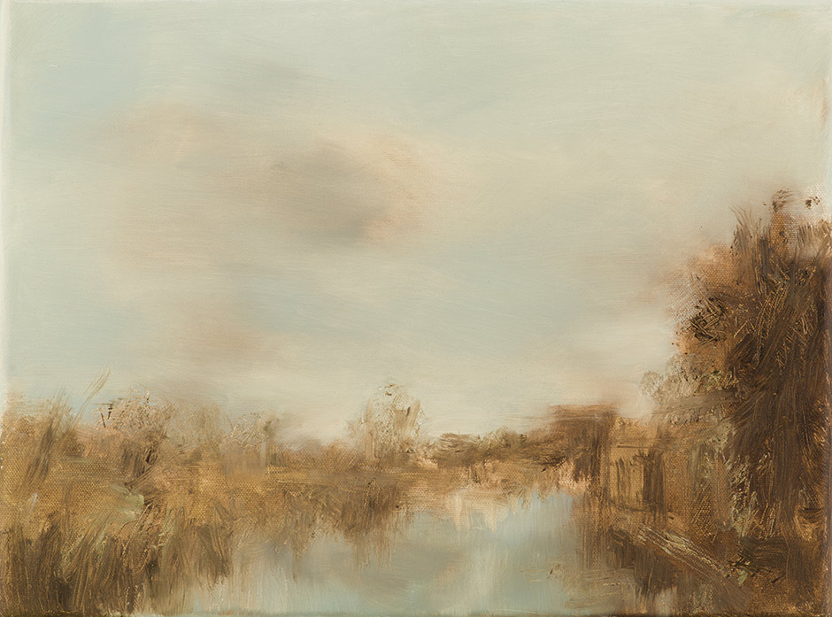 Claudia Berg: Am frühen Morgen (Brook in Waterland bei Amsterdam), Öl auf Leinwand, 2023, 30 x 40 cm