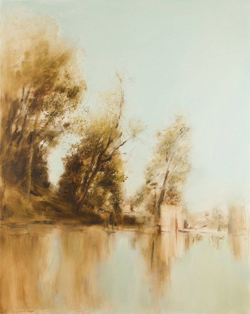 Claudia Berg: Bäume am Wasser (Waschanlage an der Porta Todi, Bevagna), Öl auf Leinwand, 2023, 150 x 120 cm