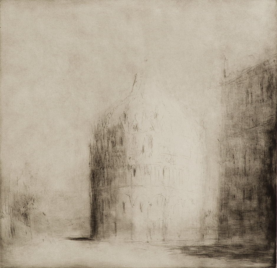 Claudia Berg: Baptisterium (Pisa), Kaltnadelradierung, 2022, 54 x 66 cm