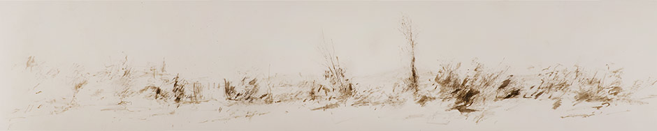 Claudia Berg: Blick auf Monterchi, Sepiatuschzeichnung 2023, 20 x 98 cm