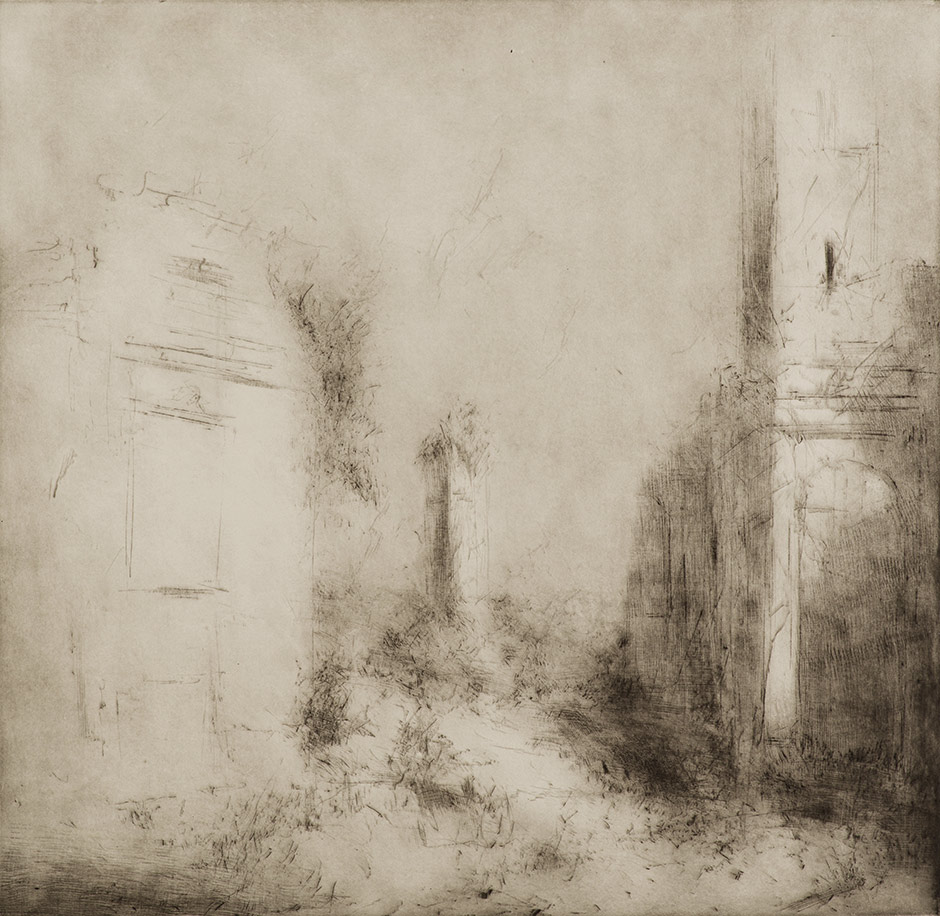 Claudia Berg: Celleno (Ruine eines Palazzo mit Kirchturm), Kaltnadelradierung, 2022, 54 x 66 cm