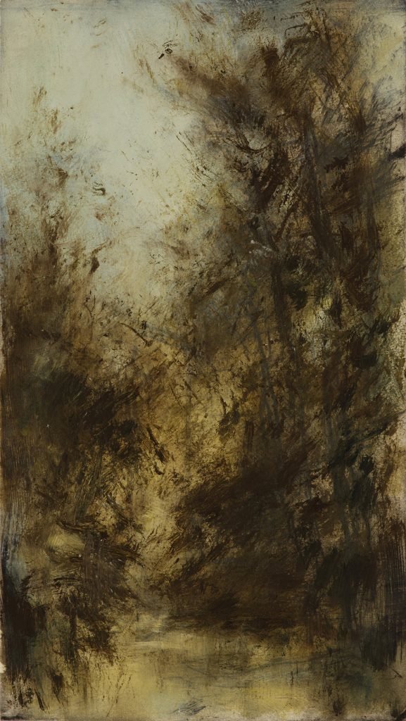 Claudia Berg: Kleiner Bach (bei Orvieto), Öl über Radierung, 2023, 53 x 20 cm